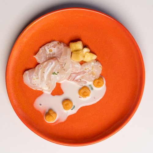 A vibrant orange plate with artfully arranged food, including a creamy sauce, sliced pieces, and small garnish, creating an elegant visual.